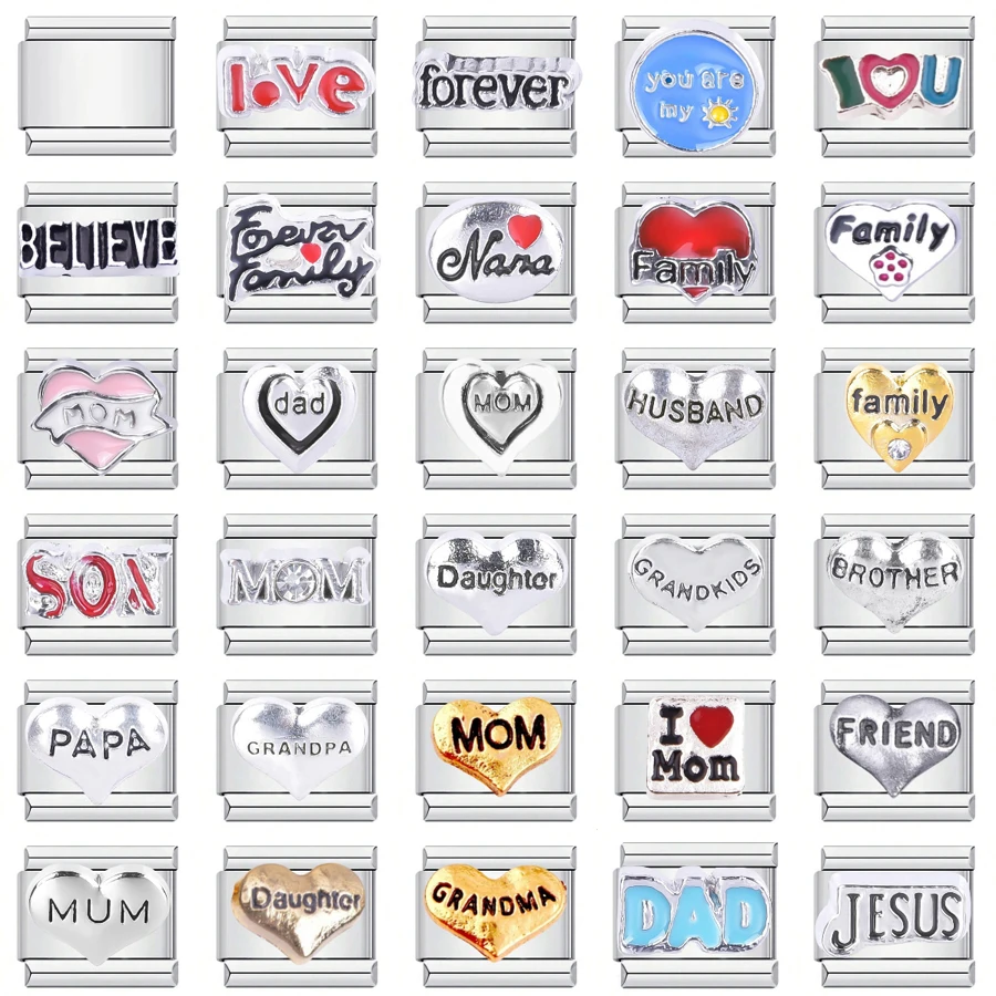 1PC DIY Stainless Steel Italian Charm Links Fit For 9mm Bracelets Women Men Jewelry Making Accessories Heart Letter Mom Dad Love 1