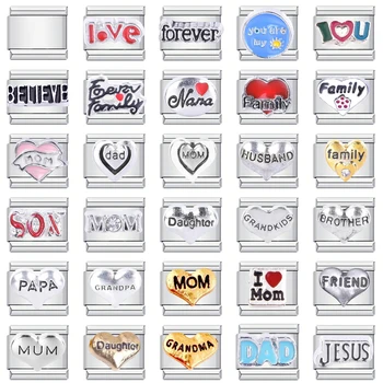 1PC DIY Stainless Steel Italian Charm Links Fit For 9mm Bracelets Women Men Jewelry Making Accessories Heart Letter Mom Dad Love 1