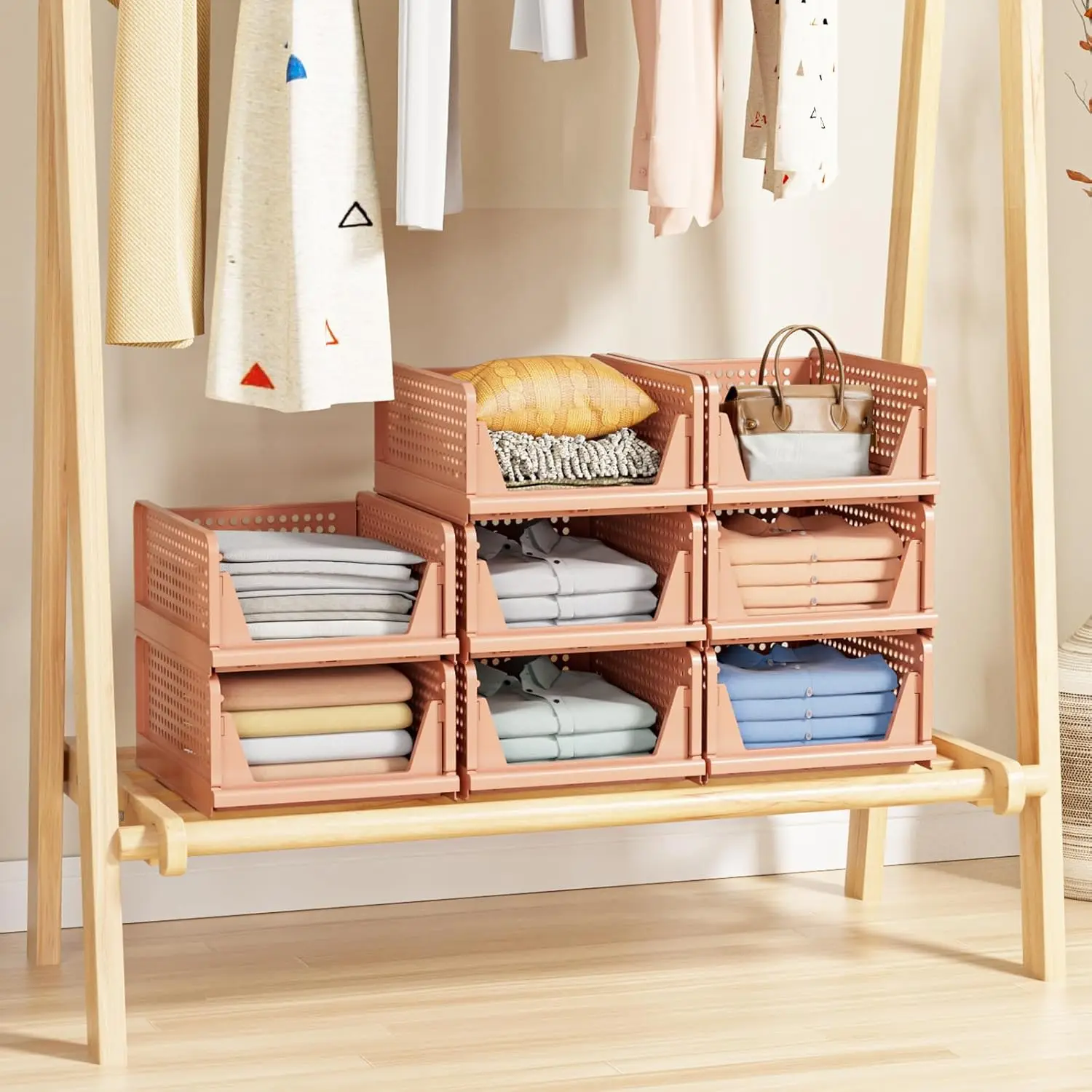 5 Pack Folding Closet Organizers Storage Box, Stackable Plastic Storage Basket, Closet Organizers and Storage Drawer Shelf Stora 4