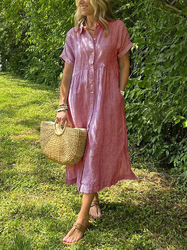 Summer Women's Striped Dress Shirt Lapel Loose Button Cardigan Pocket Fashion Vacation Casual Street Midi Skirt for Female 2