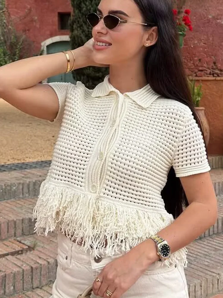 TFMLN Elegant Women's Tassel Knitted Mini Skirt Set Chic Hollow Out Short Sleeve Button Tops High Waist Skirt Female Slim Outfit