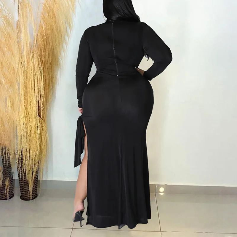 Autumn Solid Color O-Neck Hollow Out Lacing Long Sleeve Bag Hip Evening Party Sexy Split Fork Bare Leg Slim Plus Size Long Dress