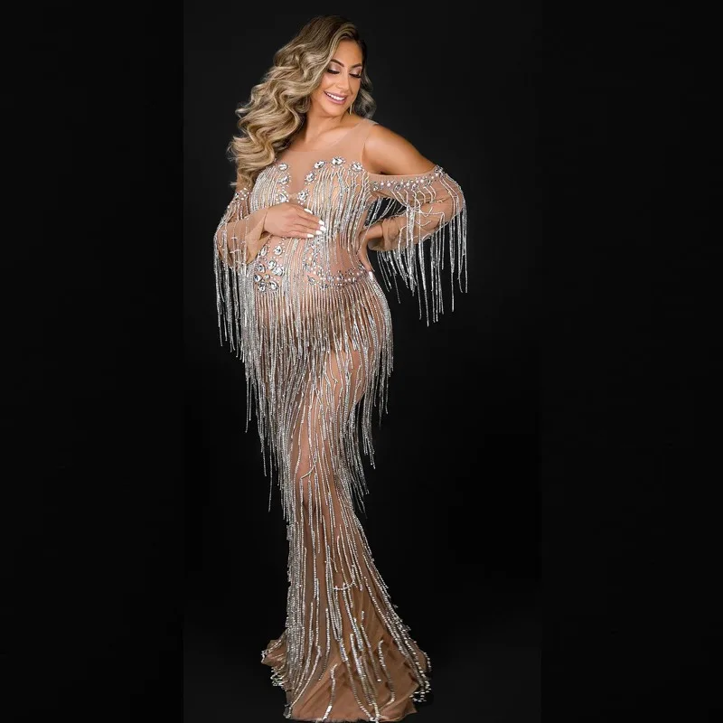 

Luxury Diamond Rhinestone Maternity Dress Crystal Fringe for Photo Shoot, Baby Shower Dress,Stretchy Pregnancy Maternity Outfit