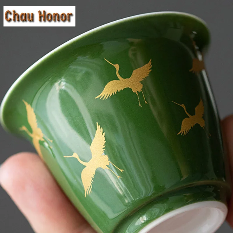 2pc/Set 45ml Hand Painted Emerald Glazed Gold Crane Art Ceramic Small Cup Household Kung Fu Tea Set Boutique Single Master Cup