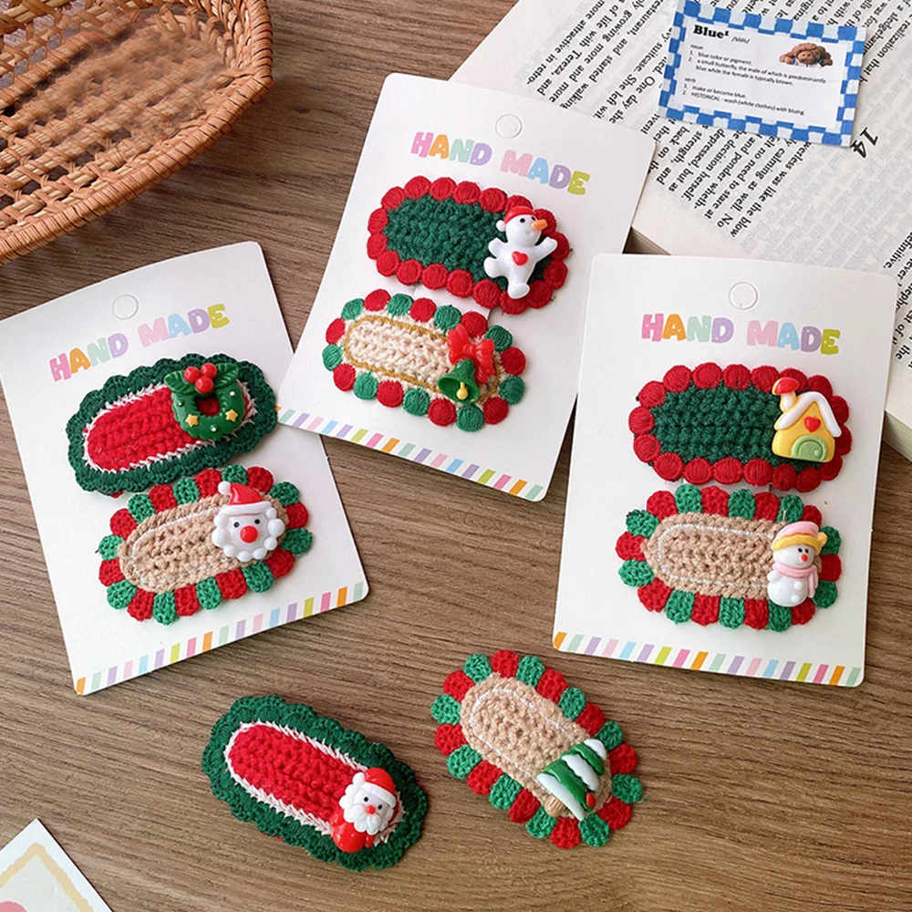 

2023 New 2Pcs Winter Christmas Theme Children Girls Hairpin Cartoon Knitted Oval Lace Hair Clips Snowman Xmas Tree Kids Headwear