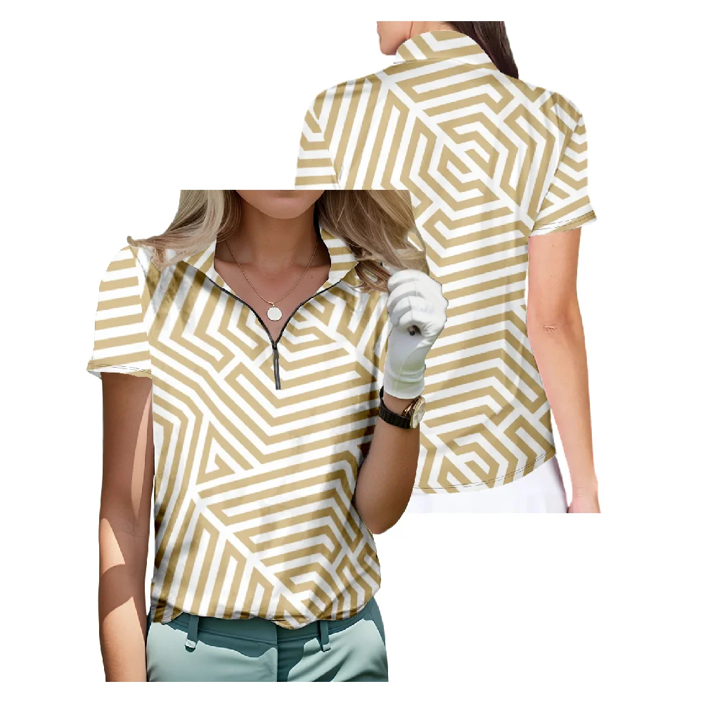 

Abstract Geometric Pattern Short Sleeve Golf Shirt Breathable Quick Dry Half Zip Tops Fashion Streetwear Women Sportswear