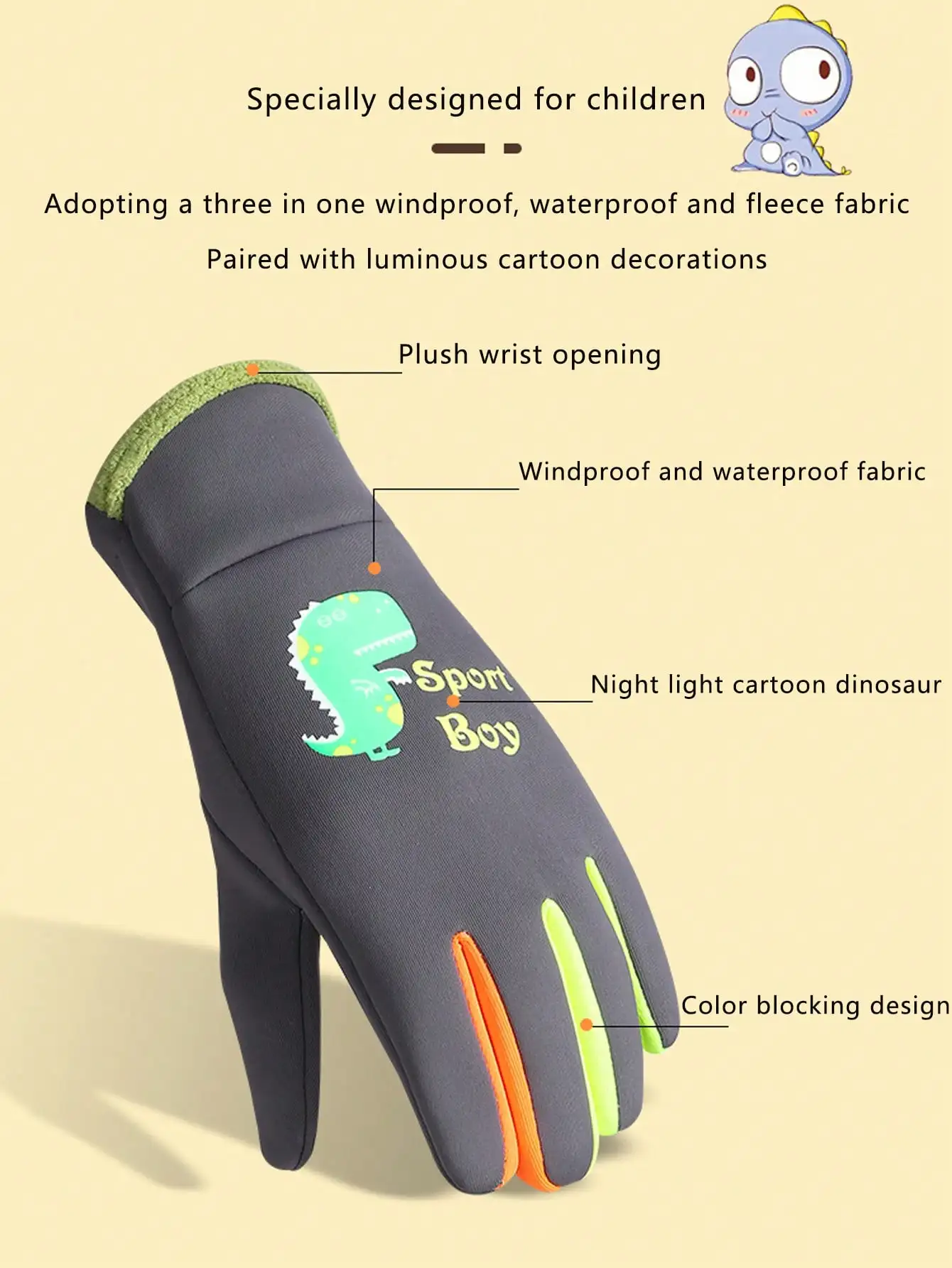 Children Gloves Cartoon Full Finger Gloves Nightlight Windproof Children Ski Gloves Waterproof Winter Warm Snowboard Mittens Outdoor Sports