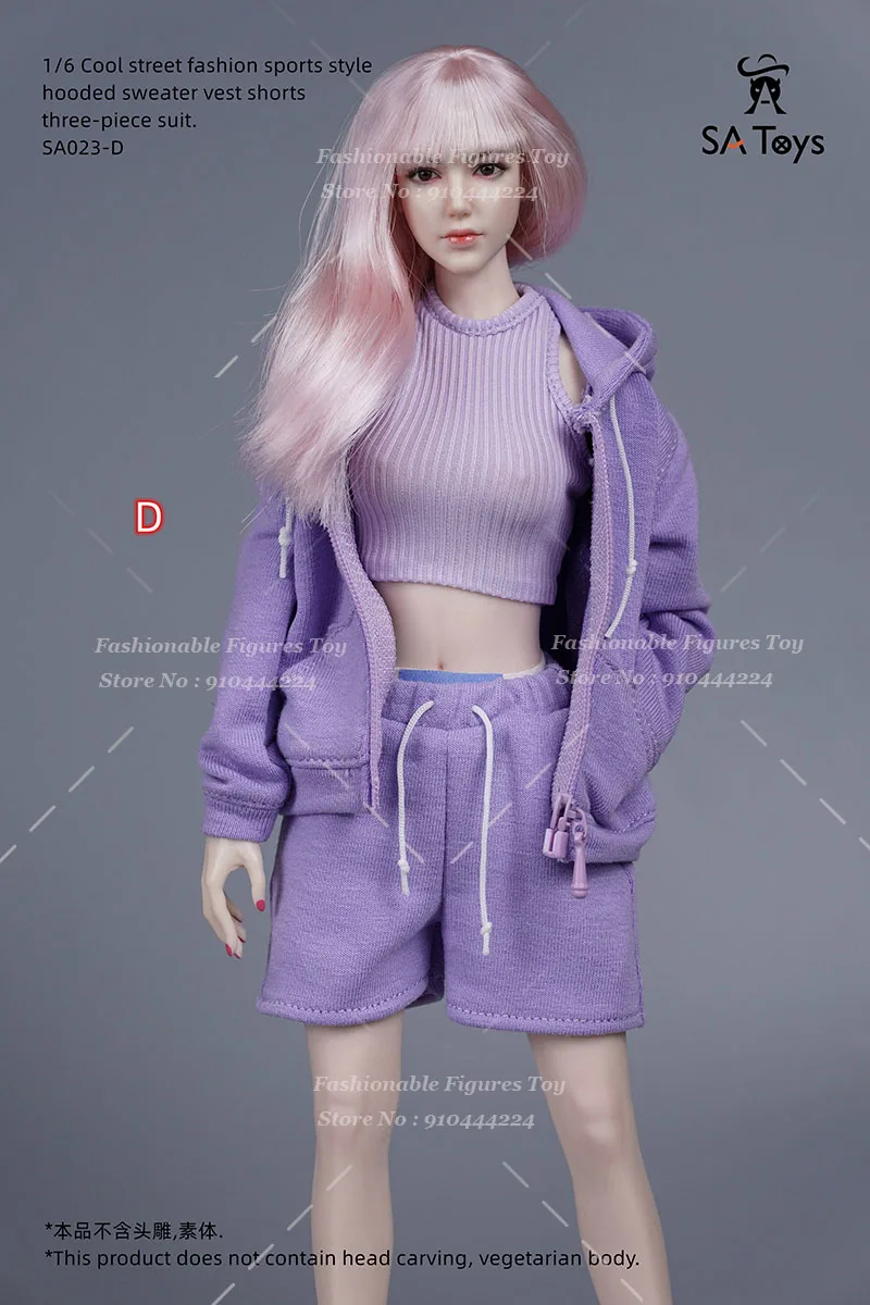 SA Toys 1/6 여성 군인 스포츠 후드 대형 지퍼 업 코트 슬림 조끼 캐주얼 반바지 복장 12 액션 피겨 모델