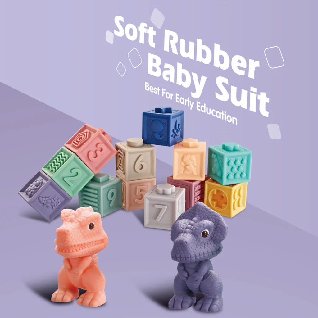 

Infant Rubber Bath Silicone Building Blocks 0-3 Years Soft Stacking Blocks 3D Dinosau Touch Silicone Cube Teeth Hand Grasp Balls