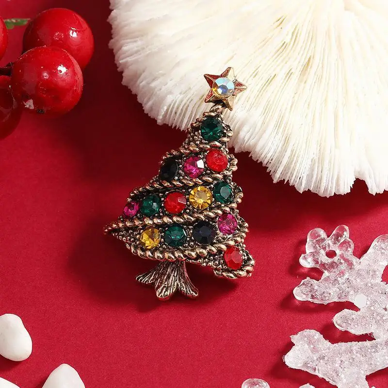 Vintage Diamond Studded Christmas Tree Brooch Alloy Rhinestone Christmas Tree Brooch Accessories Women's Holiday Brooch Jewelry