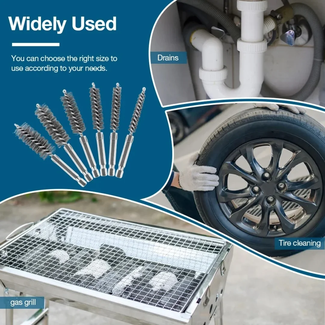 Stainless Steel Pipe Cleaning Brush Set 6 Pcs 1/4" Hexagonal Bar Twisted Wire Hole Brush Cleaning Bristle Wire wire brush set