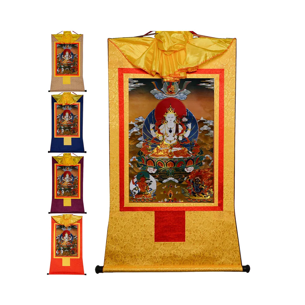 

Gandhanra Bronzing Printed Thangka Art - Chenrezig Thangka,Four Armed Avalokitesvara,Hand Framed Tibetan Buddhist Thangka