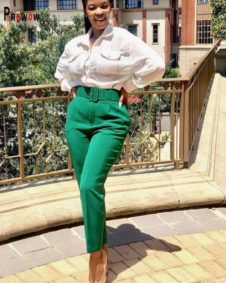 Prowow Women's Pant Solid Color Slim Fit Office Lady Trousers with Belt High Waisted Zipper Straight Female Clothing Bottoms