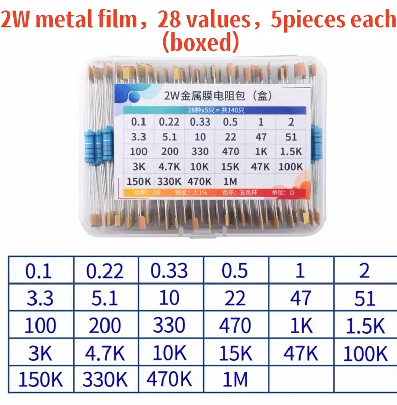 1/4W 1/2W 1W 2W 3W Resistor Set Resistance 1% 1/4W 1/2W 1W 2W 3W Metal Film Resistors Kit Ohm Electronic Components Kit - Image 12