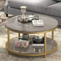 Round Coffee Table 33.5" Coffee Tables for Living Room High Glossy Faux Marble Top Modern Circle Table Sturdy Gold Metal 1