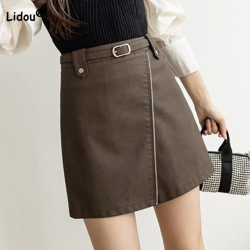 Fashion High Waist Bag Hip Mini Leather Skirts Ladies Solid Color Korean Zipper Patchwork Skirt Autumn Winter Women's Clothing