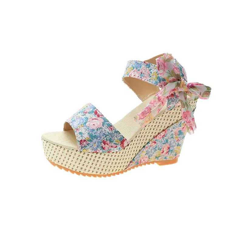 Women Summer Wedge Sandals Female Open Toe Floral Bowknot Platform Bohemia  High Heel Sandal Fashion Ankle Strap Ladies Shoes - AliExpress