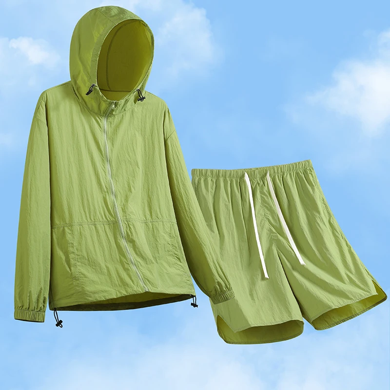 

Men Summer Sun Protection Suit Thin Breathable Hooded Jacket And Short 2 Pieces Suit Set Green Gray Beige Black Blue Twinset New