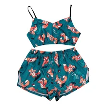 

QWEEK Women's Sexy Pajama Sets Animal Cartoon Pattern Print Sleepwear Strap Sleeveless Cami Female Silk Pijamas Home Suit Pyjama