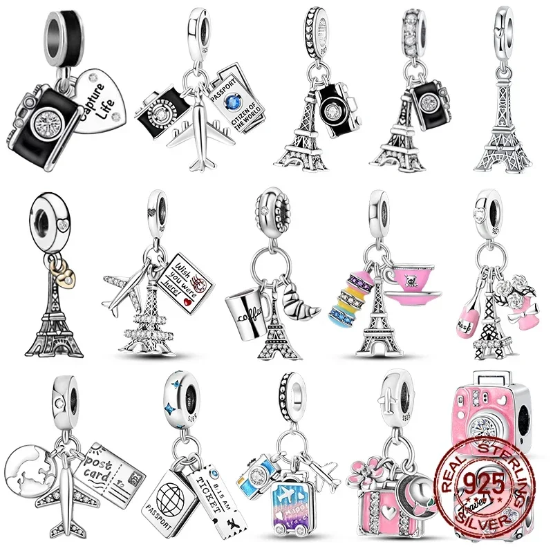 

925 Sterling Silver Camera Iron Tower Aircraft Travel Charms Beads Fit Pandora Original Bracelets DIY Anniversary Jewelry Women