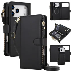 Sleek Crossbody Leather Wallet Phone Case & Zipper Card Holder Bag - iPhone 15 Plus (Black)