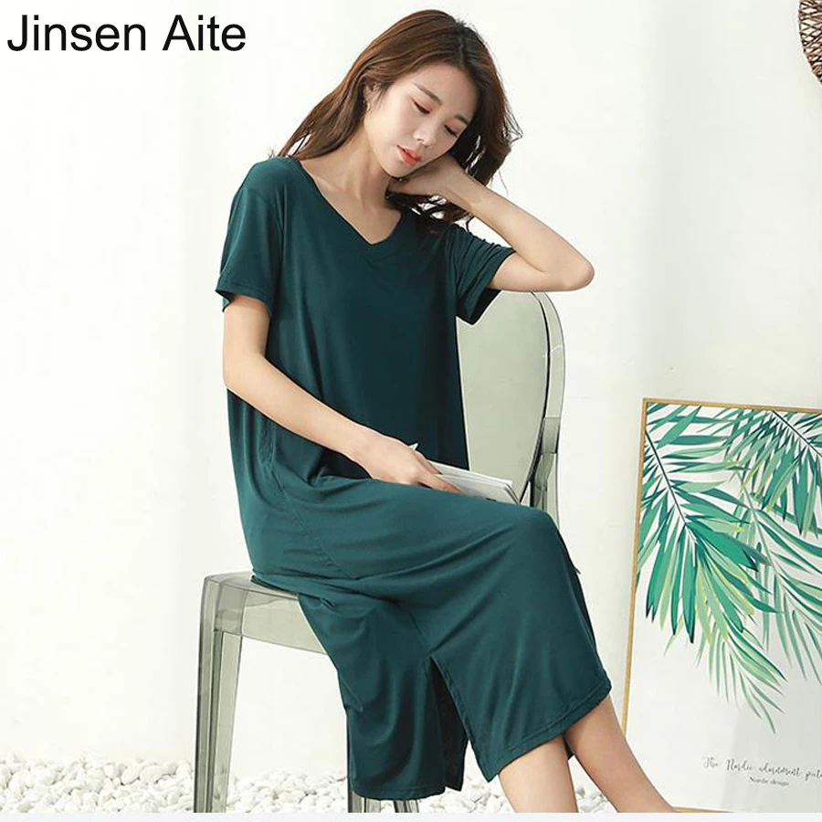 

Jinsen Aite New Summer Hollow Out Modal Women Dress Casual Plus Size Loose T Shirt Dresses V-Neck Solid Long Vestidos JS796