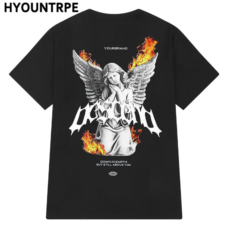 

Hip Hop Streetwear Men Oversized T-shirt Fire Printed Long Sleeve T-shirt Harajuku Fashion 2023 Casual Cotton Black Tops Tees