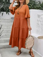 2024 Spring and Summer Amazon Europe and America New V-neck Splicing Multi color Multi size Long Swing Dress Plus Size - Image 2