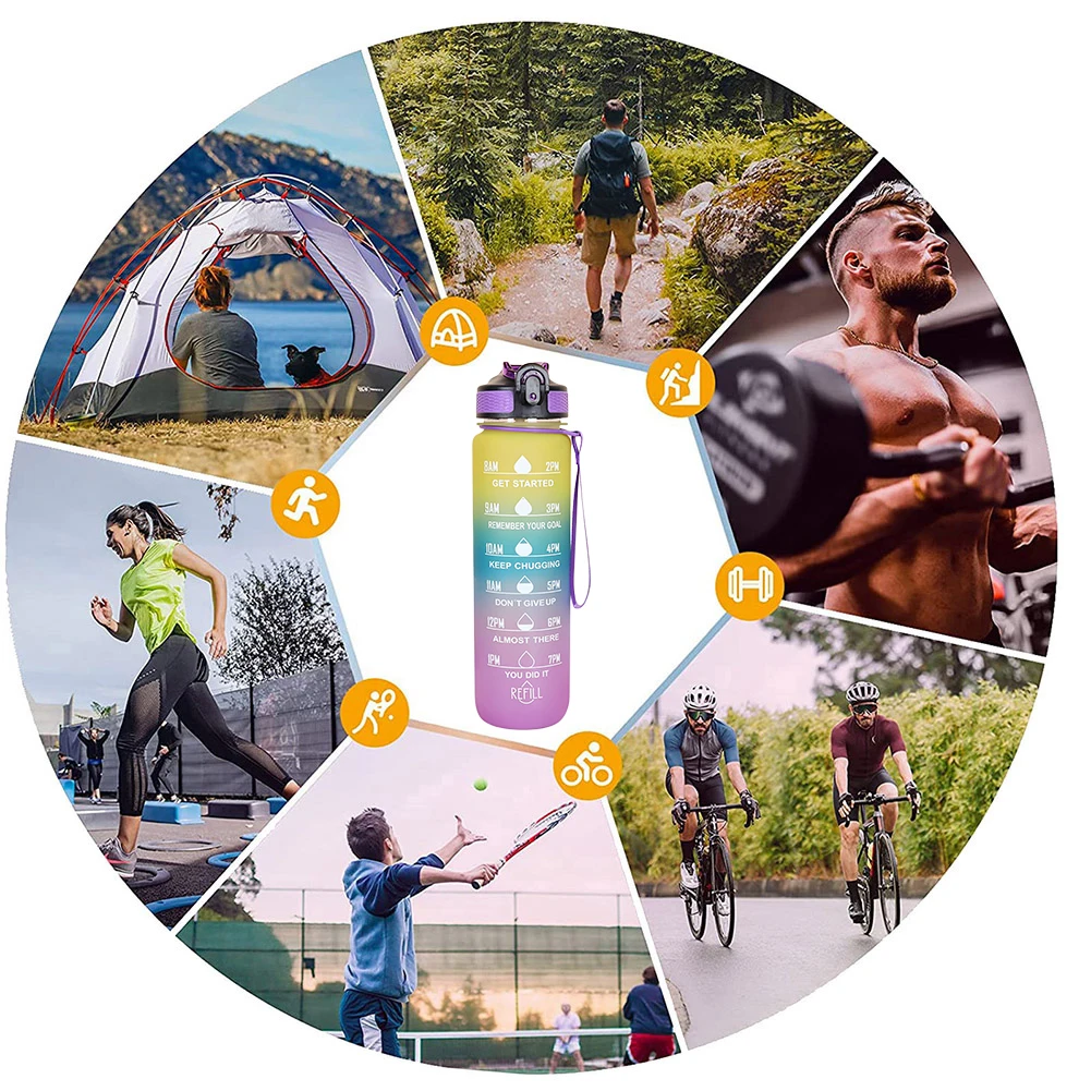 Borraccia Sportiva 1L Con Timer - Senza Perdite Per Palestra E Trekking | Giallo-Rosa Con Citazioni Motivazionali - Foto 7