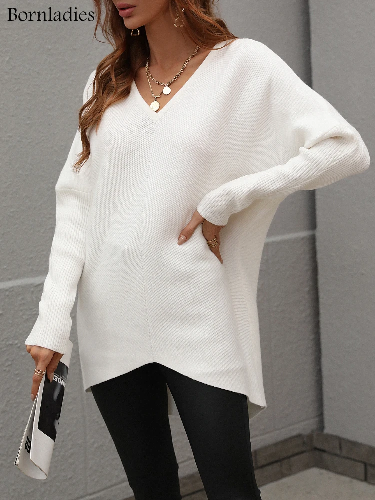 Bornladies Women's Sweater Autumn Winter New V-Neck Solid Color Pullover Loose-fitting Knit Tops Elegant Fashion Sweaters