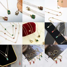 

AAA Green Zircon Pendant Necklace Earrings Titanium Steel Square Bottle 14K Gold Color Preservation Women's Jewelry Necklace