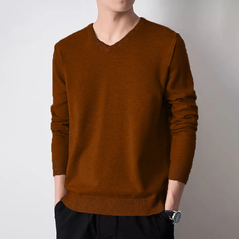 Animal Game Autumn Men's V Neck Pullover Sweaters Solid Color Casual Sweater Long Sleeve Men's Basic Underwear Trend Outerwear