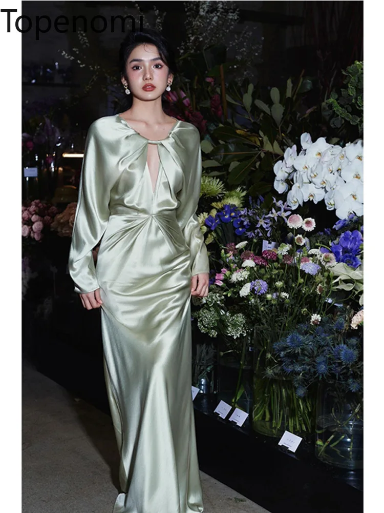 

Topenomi French Style Satin Long Sleeve Party Dress Women 2024 New Elegant Slim Waist Formal Evening Dresses Simple Wedding Gown