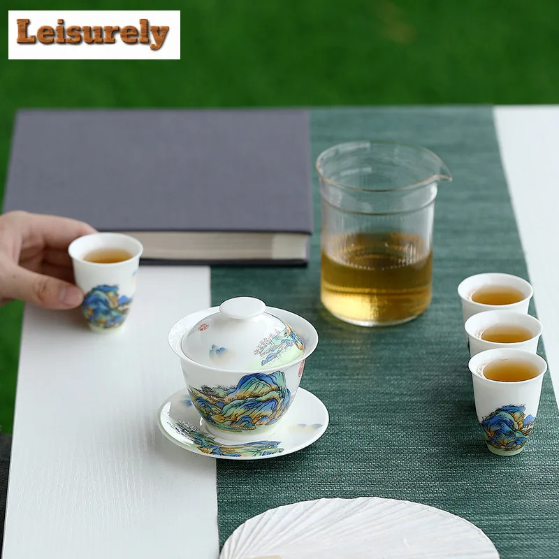 Landscape White Porcelain Cover Bowl Tea Set Complete Set Japanese Tea Ceremony Set Teapot And Tea Cup Set Cha Ornaments Gifts