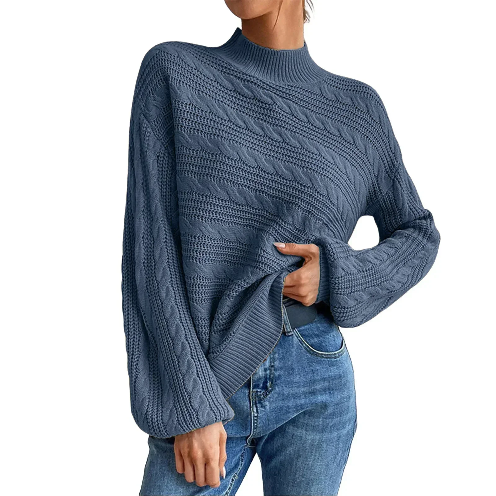 

Fall Winter Women Fashion Knit Pullover Fashion Half Turtleneck Long-Sleeve Knitwear Retro Simple Warm Underwear