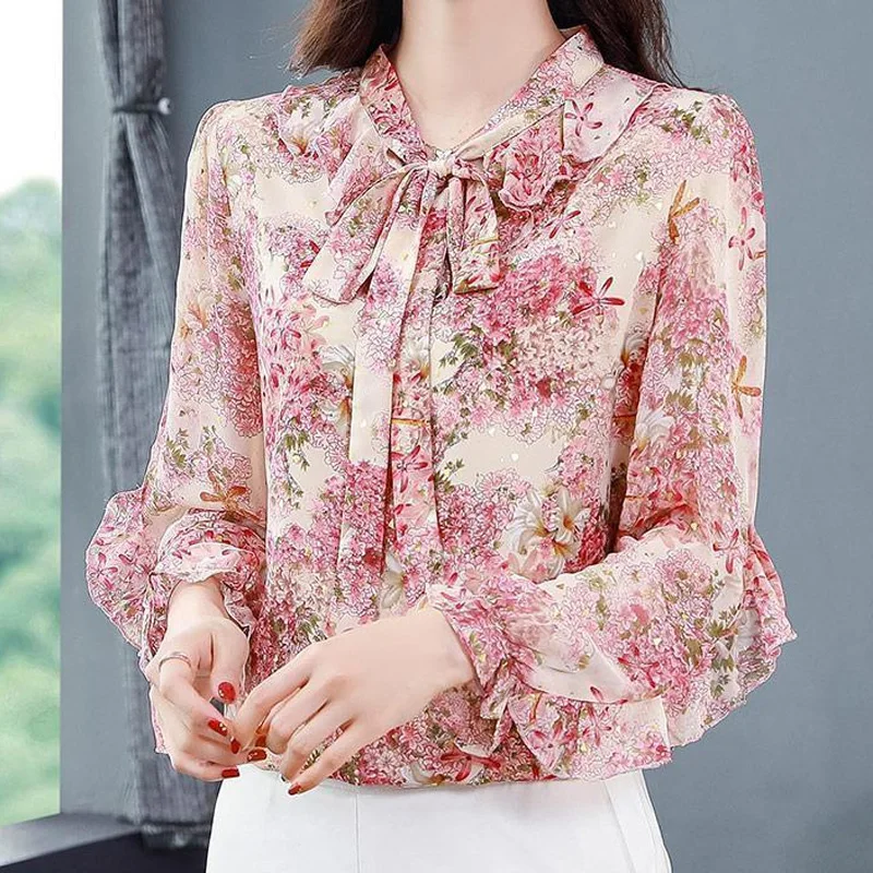 Elegant Floral Chiffon Blouses Spring Summer New Long Sleeve Bow Loose Plus Size Shirts Comfortable Fashion Trend Women Clothing