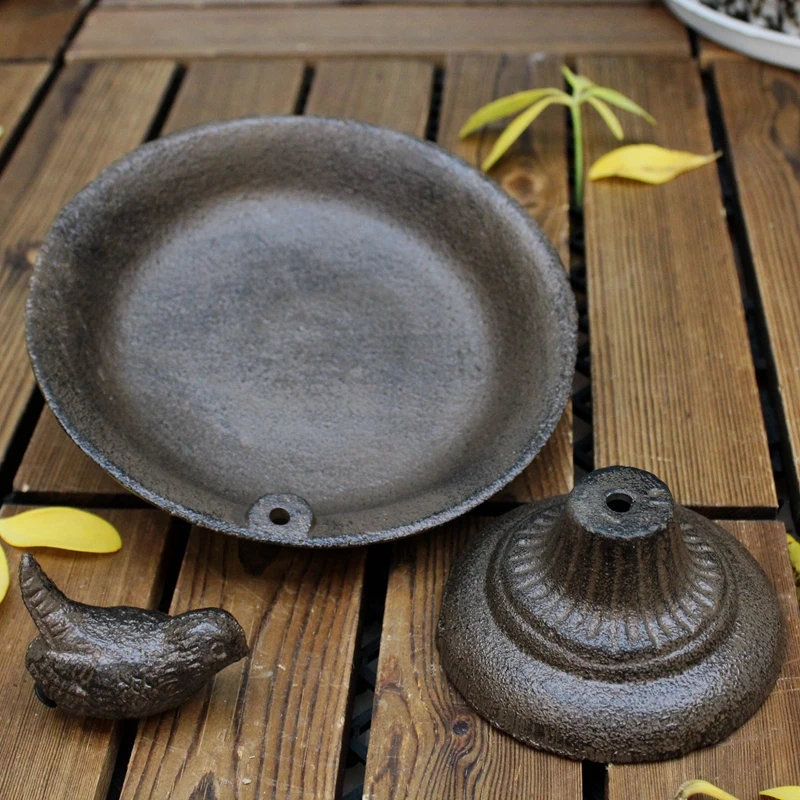 Antique Rustic Round Cast Iron Footed Bird Feeder With Bottom Base Home Garden Decor Table Heavy Metal Storage Bowl Plate Tray 2