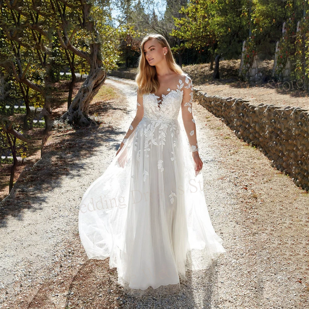 

Exquisite Classic A Line Wedding Dresses Simple Long Sleeve Lace Appliques Bride Gowns Button Back Illusion Vestidos Novias Boda
