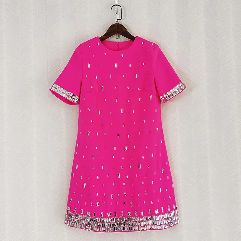 

Rose Luxury Elegant Studded Diamond Light Luxury O-Neck Studded Beading Short Sleeve Dress 2024 Summer Party New Style