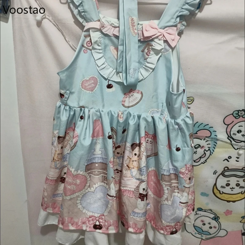 Japanese Sweet Lolita Jsk Dress Women Kawaii Cartoon Bear Print Sleeveless Party Mini Dresses Girls Harajuku Y2k Princess Dress