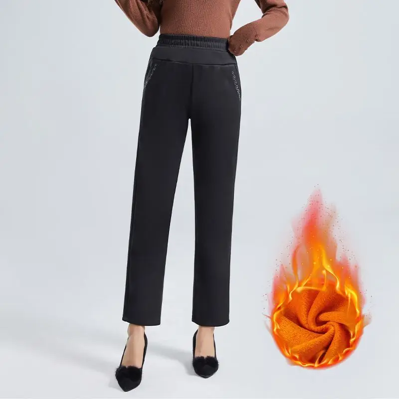 Autumn and Winter Women's Patchwork High Waist Pocket Solid Color Fashion Plush Thickened Loose Commuter Straight Leg Pants