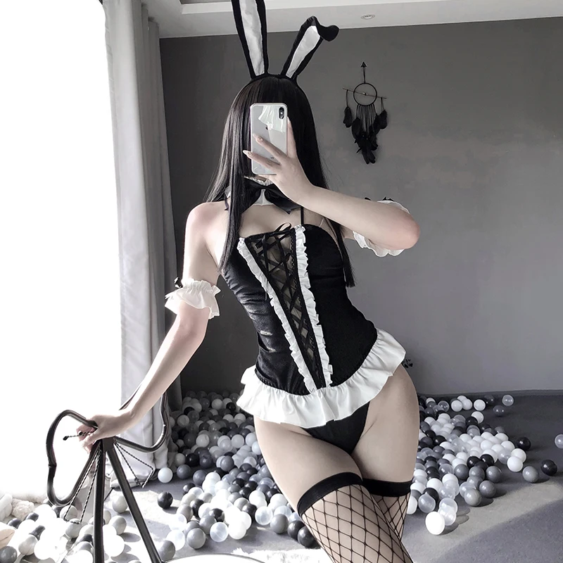 

Sexy Cosplay Costumes Black Velvet Bunny Girl Japanese Anime Rabbit Uniform Porno Party Outfit For Women Sex Lingerie AV Sets