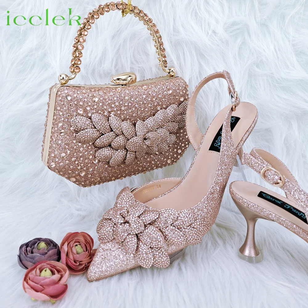 

African Hot New Peach Rhinestone Embellished Laurel Shape Decoration Wear-resistant And Comfortable Pointed Toe Shoes with Bag