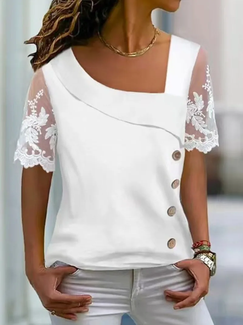 Fashion White Lace Short Sleeve Blouses Women T Shirt 2024 Summer Casual Buttons Office T-shirt Y2k Chic Tunics Tops Blusa Mujer