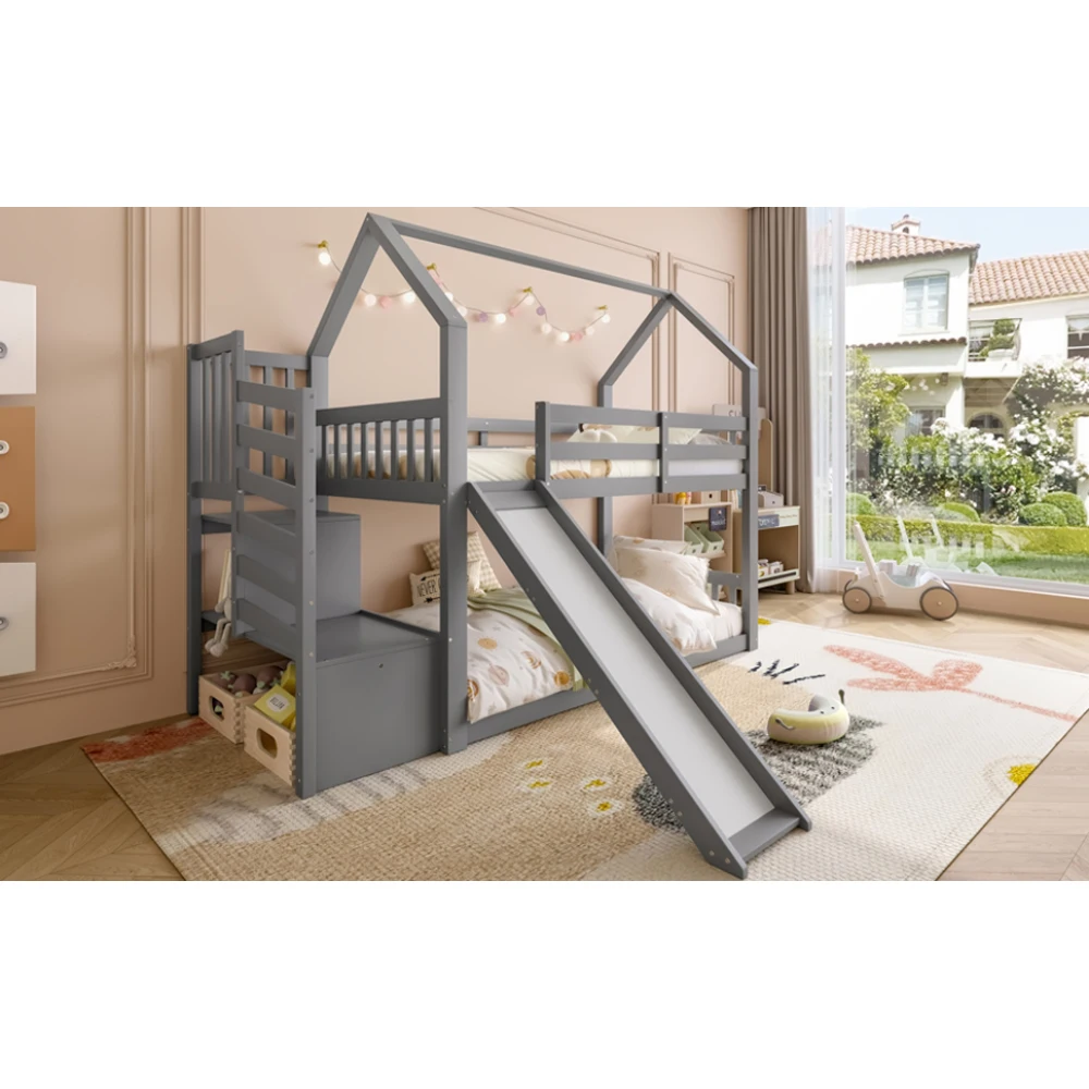 Etagenbett mit Treppe und Rutsche, Hausbett (ohne Matratze), Kinderbett mit Geländer, geeignet für Kinder, 90x200cm – Detail 38