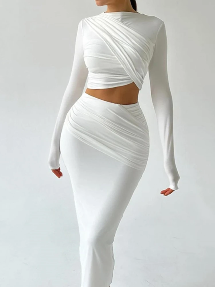XIZOU Pleated Two 2 Piece Sets Womens Outfits Round Neck Irregular Tank Tops and Long Casual Skirt Female Party Matching Set