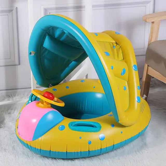 Baby Float Inflatable Toddler Beach Toy Baby Float With Sun Protection Canopy And Console Steering Wheel For Kids Outdoor Play 3