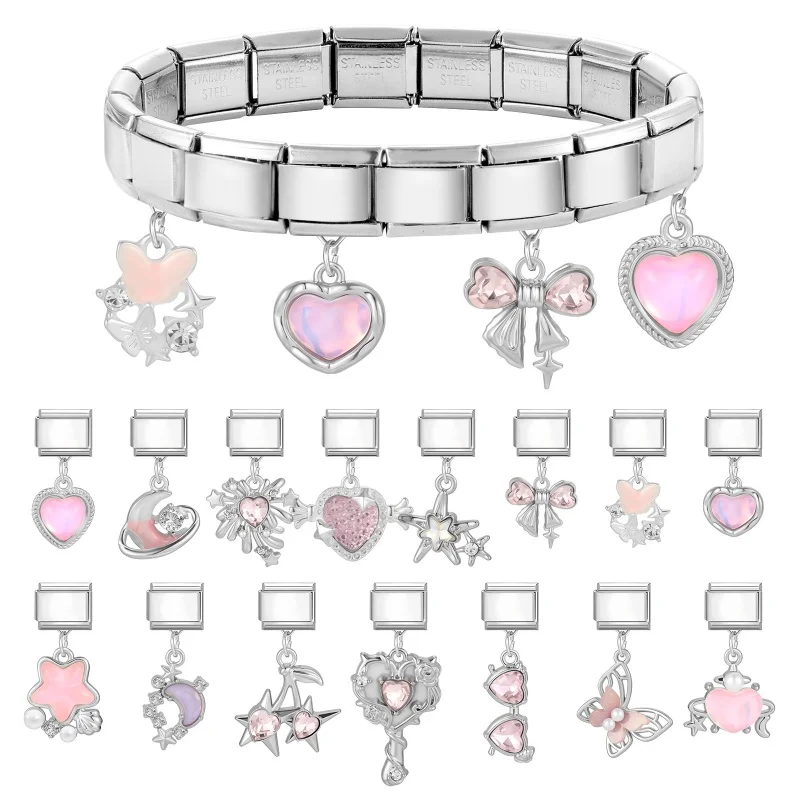 Fashion Pink Bow Heart Pendant Bracelet Women DIY Making Gift