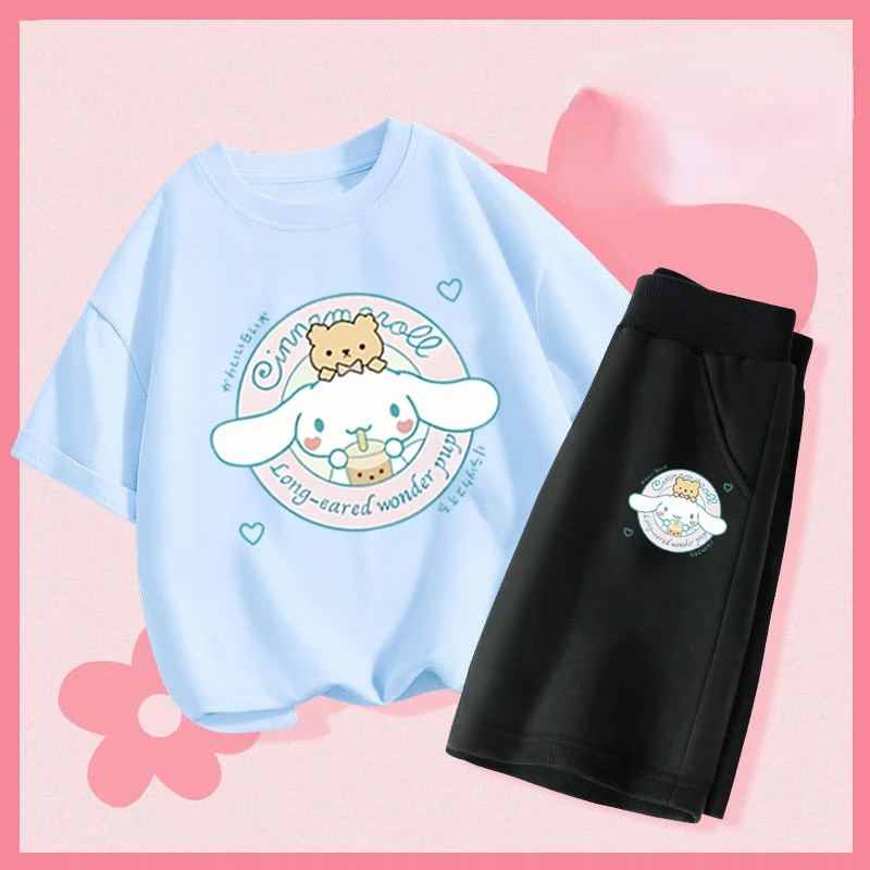 

Детская летняя футболка и шорты Sanrio Kuromi Cinnamoroll с короткими рукавами, мультяшная повседневная одежда, спортивная одежда для девочек и мальчиков, детский подарок