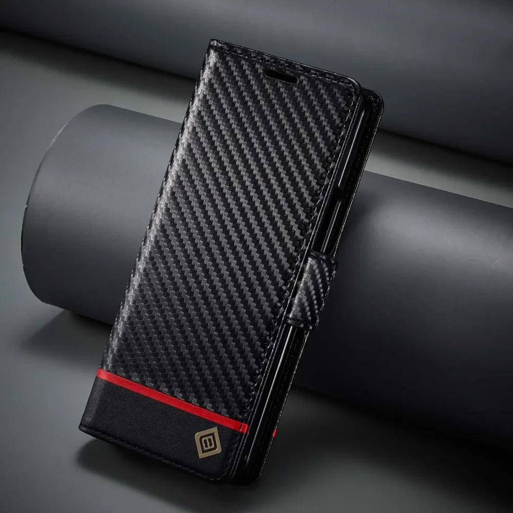 Carbon Fiber Leather Magnetic Flip Wallet Phone Case with Card Holder Cover
